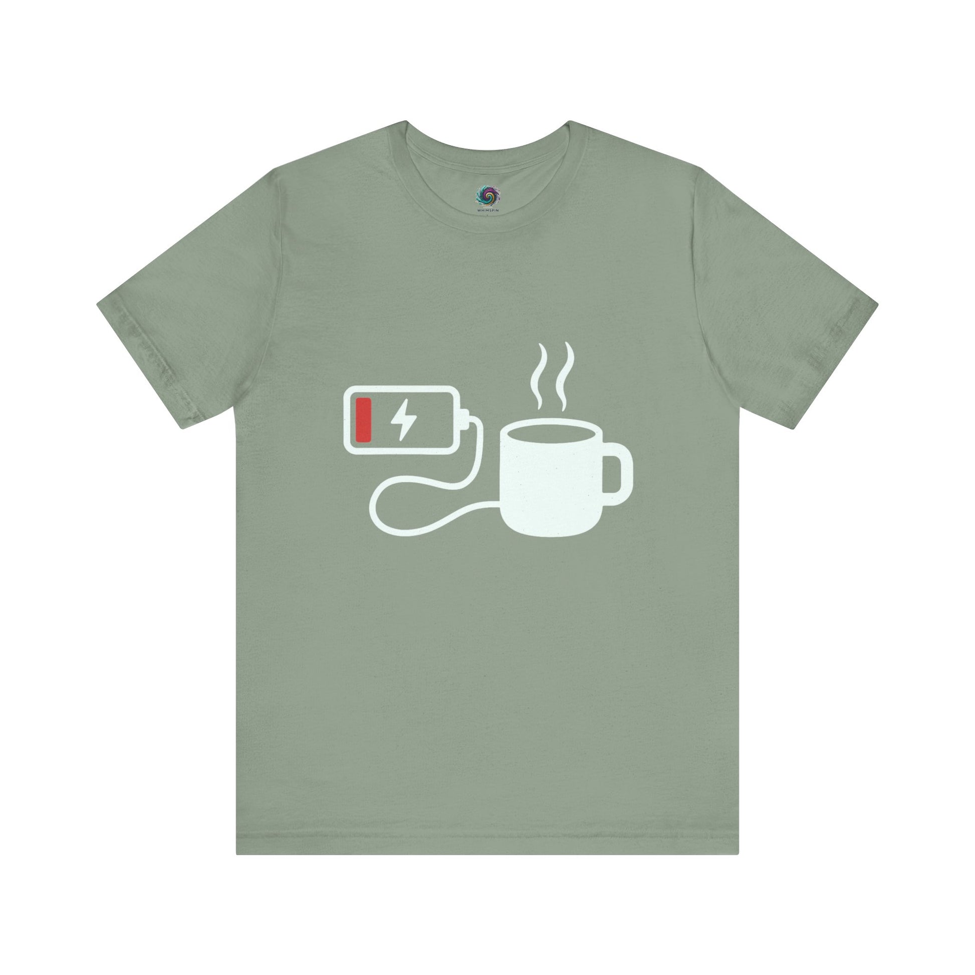 Low Battery Need Coffee T-Shirt in sage green, for tech lovers who rely on their morning brew.