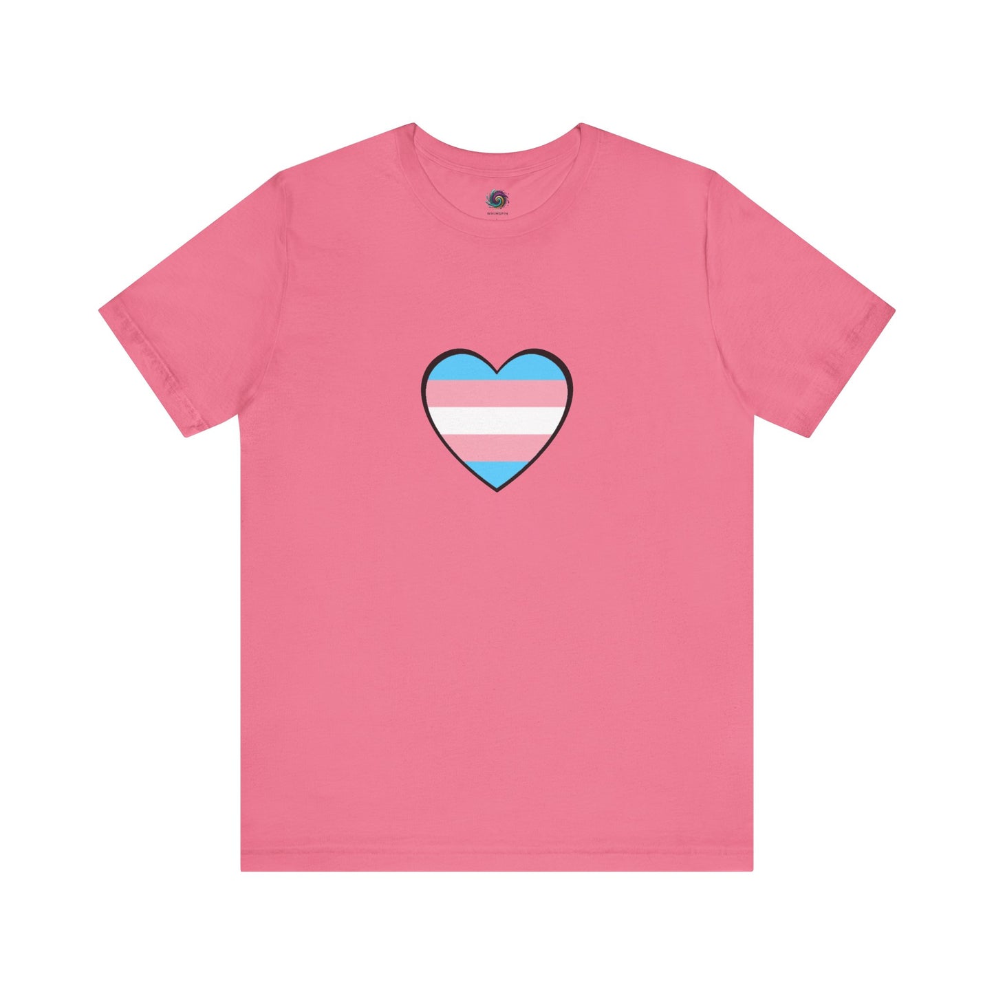 Transgender Pride Flag Heart T-Shirt – LGBTQ+ Trans Flag Graphic Tee in charity pink, accented with a soft, symbolic transgender flag heart design.