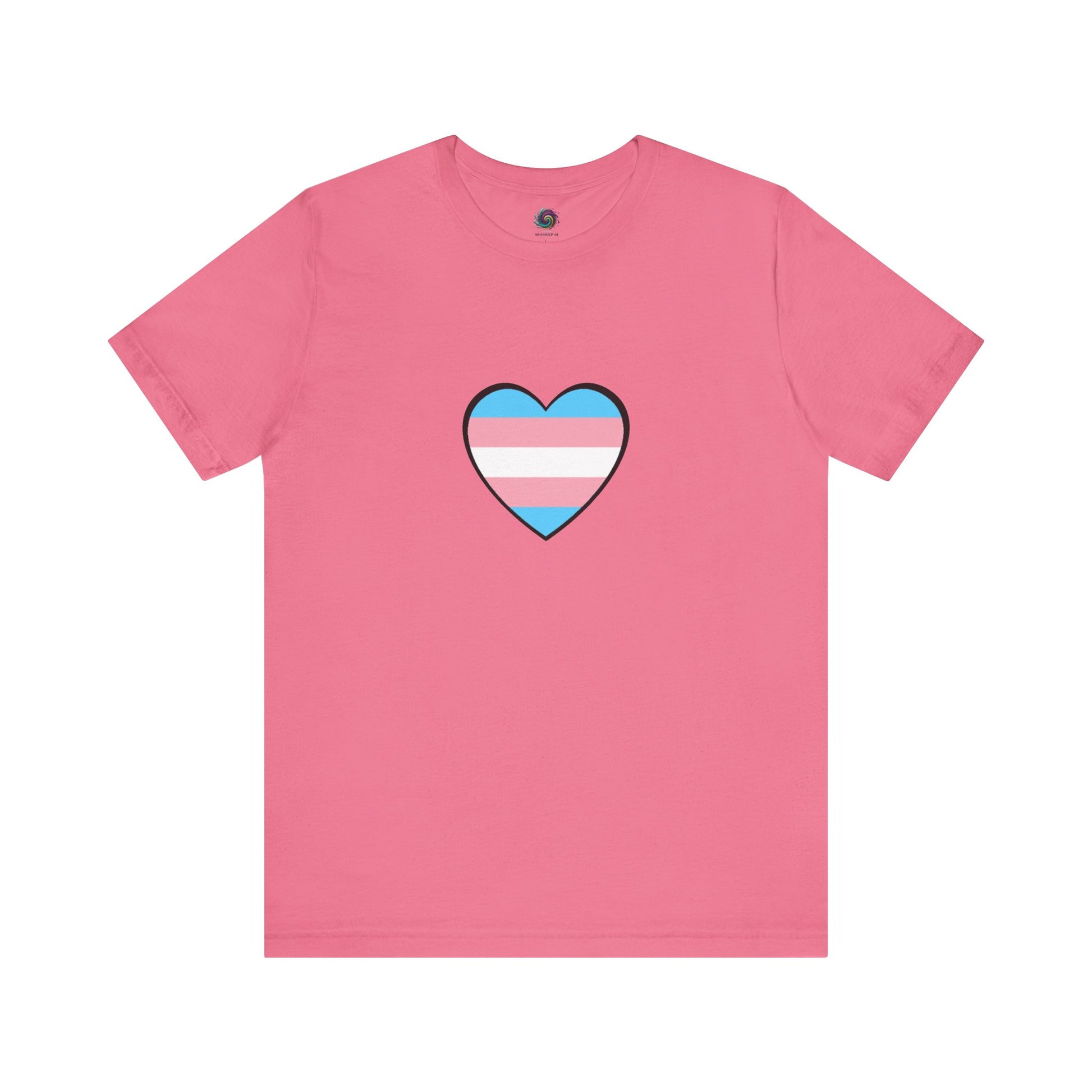 Transgender Pride Flag Heart T-Shirt – LGBTQ+ Trans Flag Graphic Tee in charity pink, accented with a soft, symbolic transgender flag heart design.
