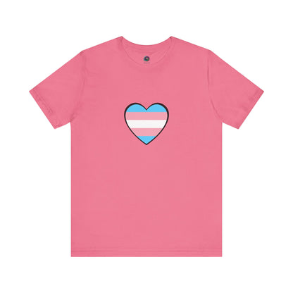 Transgender Pride Flag Heart T-Shirt – LGBTQ+ Trans Flag Graphic Tee in charity pink, accented with a soft, symbolic transgender flag heart design.