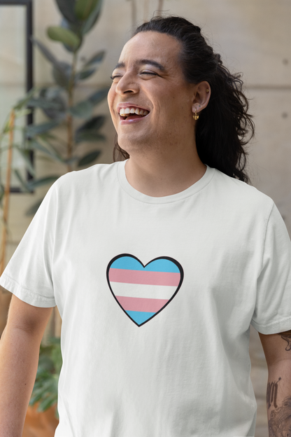 Transgender Pride Flag Heart T-Shirt – LGBTQ+ Trans Flag Graphic Tee modeled in white, featuring a soft pastel transgender heart design perfect for subtle visibility and trans heart emoji style pride.
