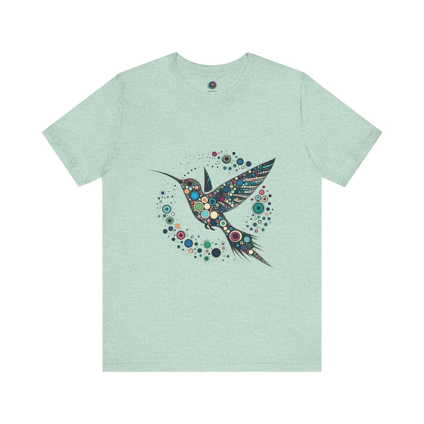 Hummingbird Dot Art T-Shirt – Colorful Nature-Inspired Graphic Tee in prism mint green, dotted hummingbird design offers soft style with bold artistic flair.