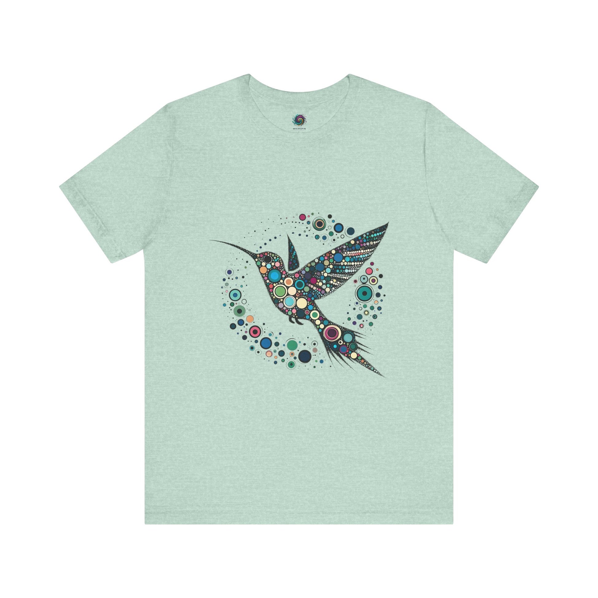 Hummingbird Dot Art T-Shirt – Colorful Nature-Inspired Graphic Tee in prism mint green, dotted hummingbird design offers soft style with bold artistic flair.
