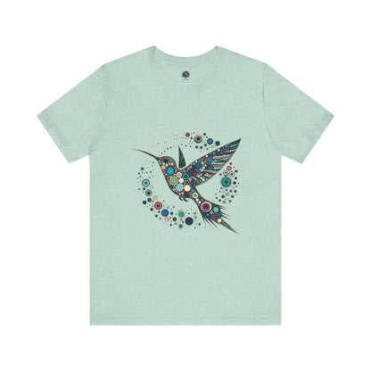 Hummingbird Dot Art T-Shirt – Colorful Nature-Inspired Graphic Tee in prism mint green, dotted hummingbird design offers soft style with bold artistic flair.