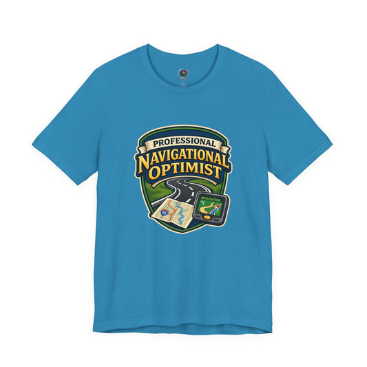 Professional Navigation Optimist Tee – For the Confidently Lost in Aqua featuring humorous road sign, GPS, and map graphic for dads and travelers