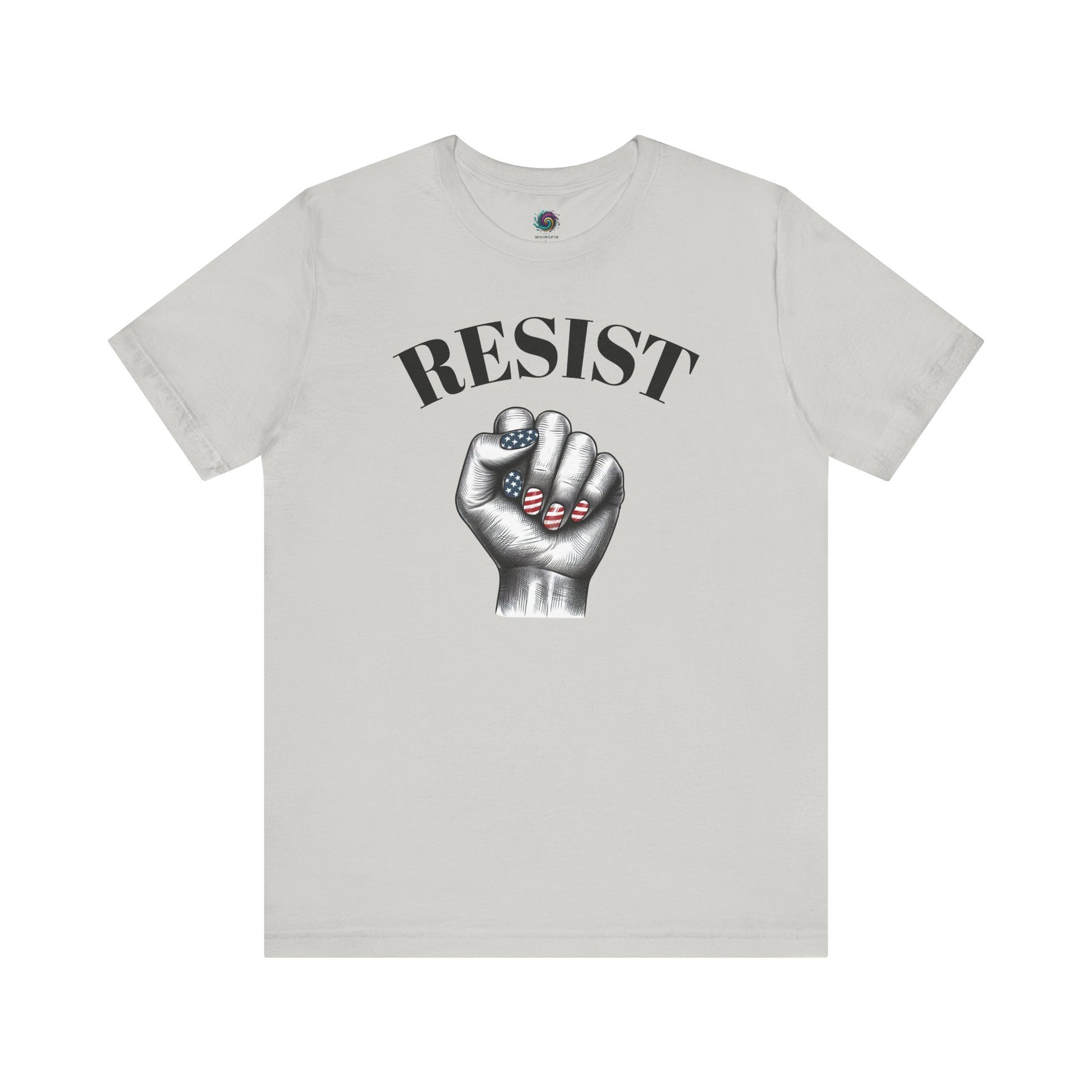 Resist Feminist Power Fist Tee in silver, subtle and sleek with USA flag nail art for bold resistance.