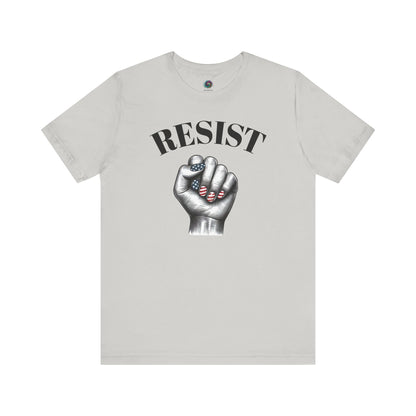 Resist Feminist Power Fist Tee in silver, subtle and sleek with USA flag nail art for bold resistance.