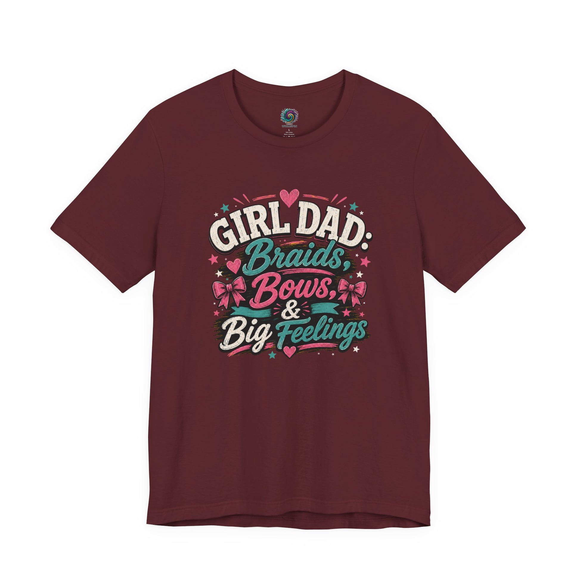 Girl Dad T-Shirt – Braids, Bows & Big Feelings Dad Tee on maroon with playful lettering for a warm, funny Father’s Day shirt.