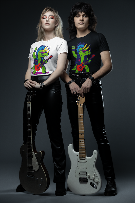 Punk Rock Triceratops T-Shirt – Funny Dinosaur Tee for Adults styled on a duo, highlighting the bold triceratops rocker design in both black and white shirts for edgy, music-inspired fashion.