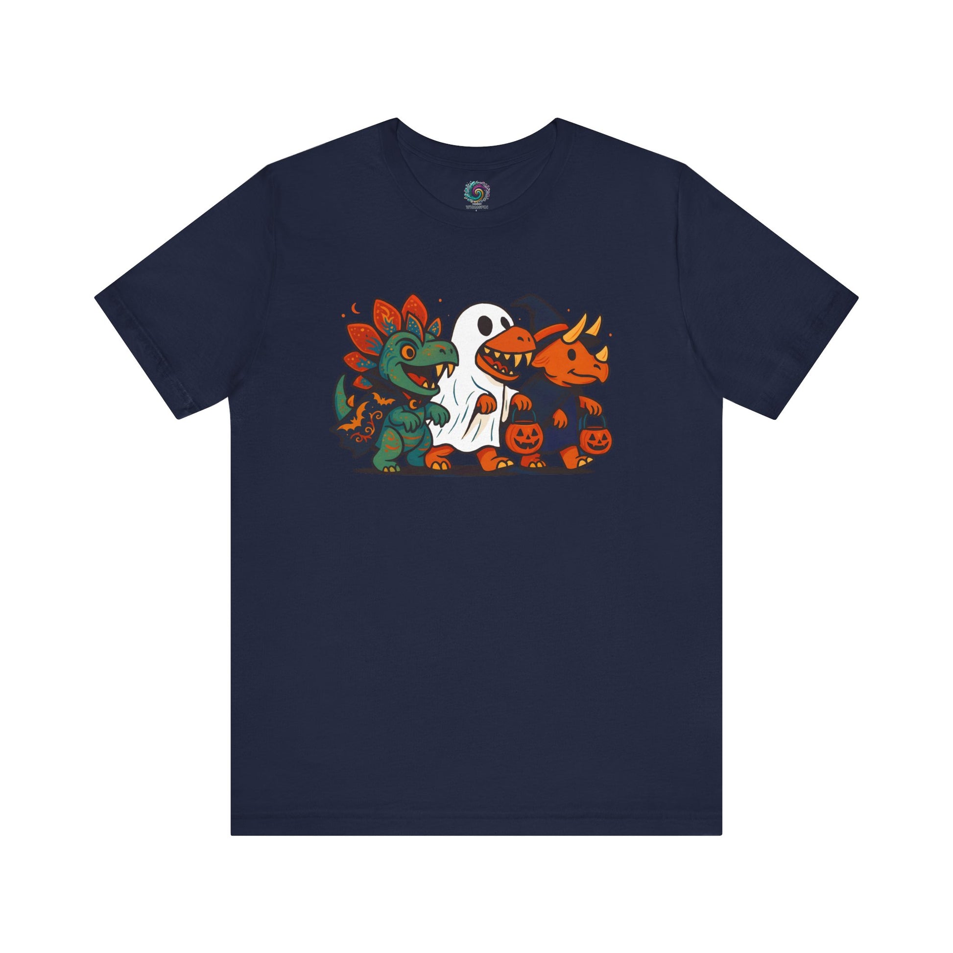 Navy blue t-shirt with Halloween-themed graphic of a group of dinosaurs wearing Halloween costumes and trick-or-treating