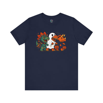 Navy blue t-shirt with Halloween-themed graphic of a group of dinosaurs wearing Halloween costumes and trick-or-treating