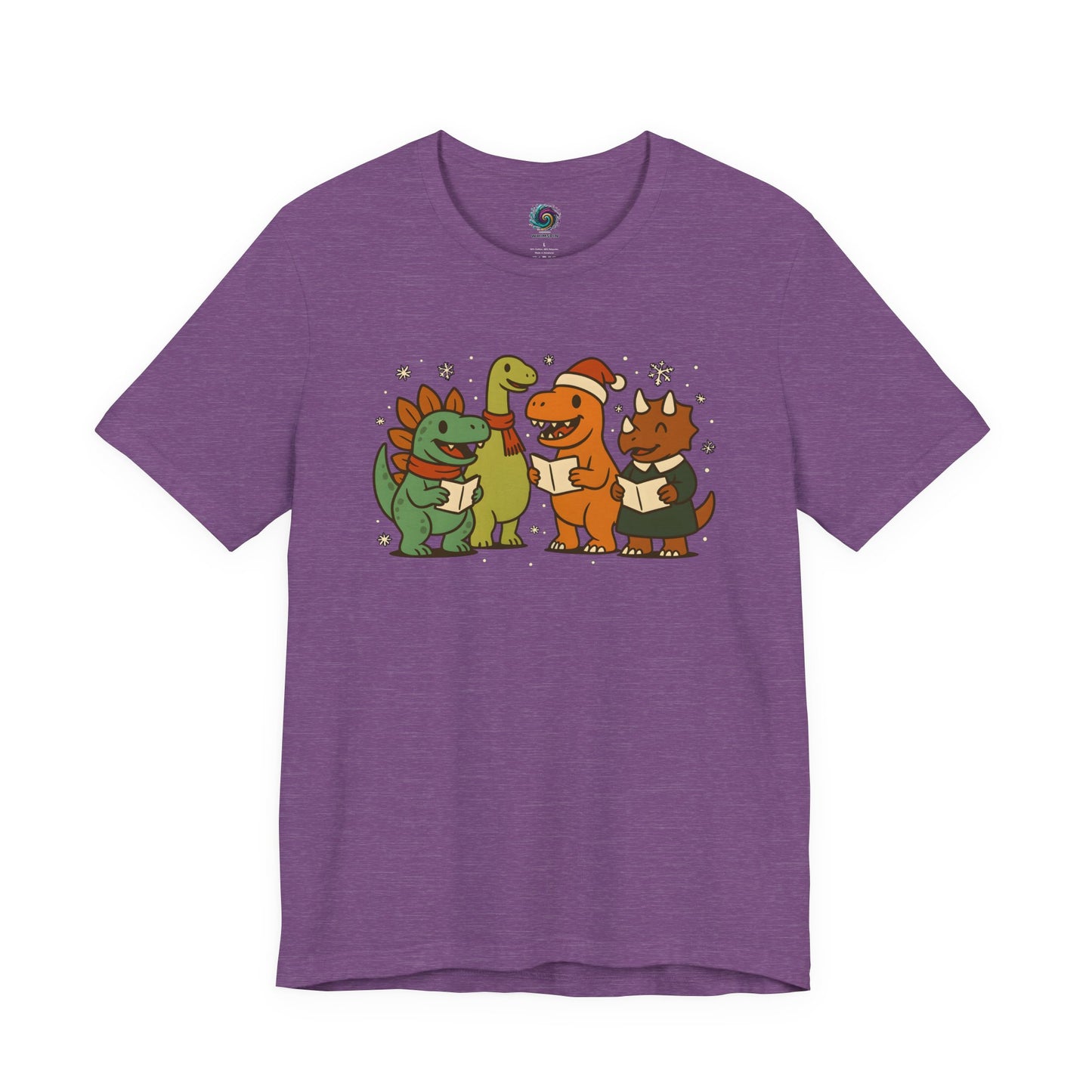 Dinosaur Carolers T-Shirt – Cute Dino Christmas Singing Tee in heather team purple with joyful holiday dinosaur choir