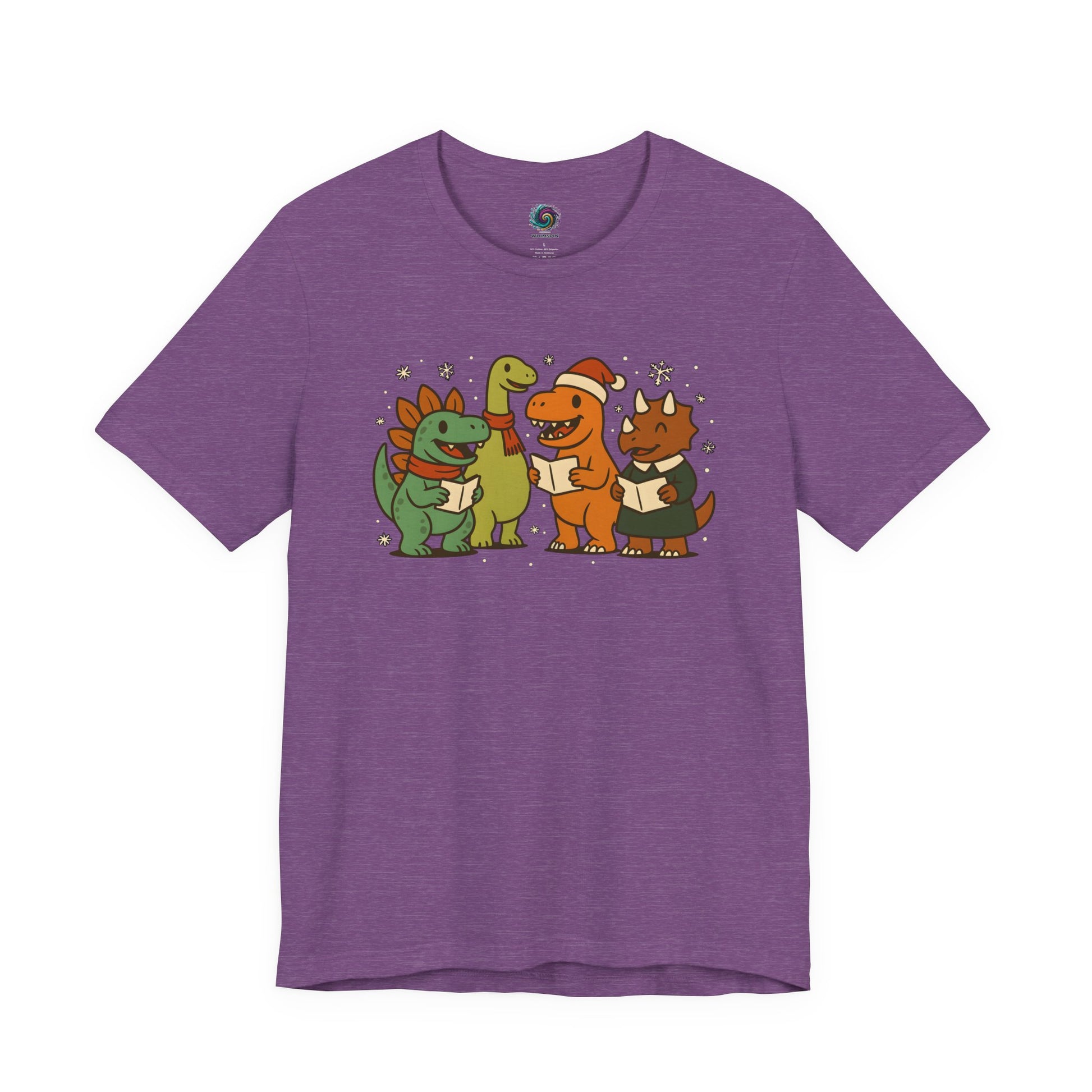 Dinosaur Carolers T-Shirt – Cute Dino Christmas Singing Tee in heather team purple with joyful holiday dinosaur choir
