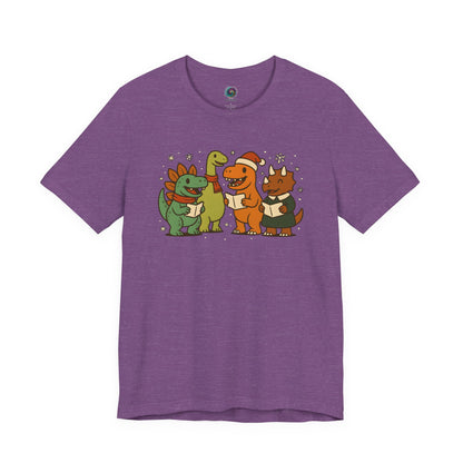 Dinosaur Carolers T-Shirt – Cute Dino Christmas Singing Tee in heather team purple with joyful holiday dinosaur choir