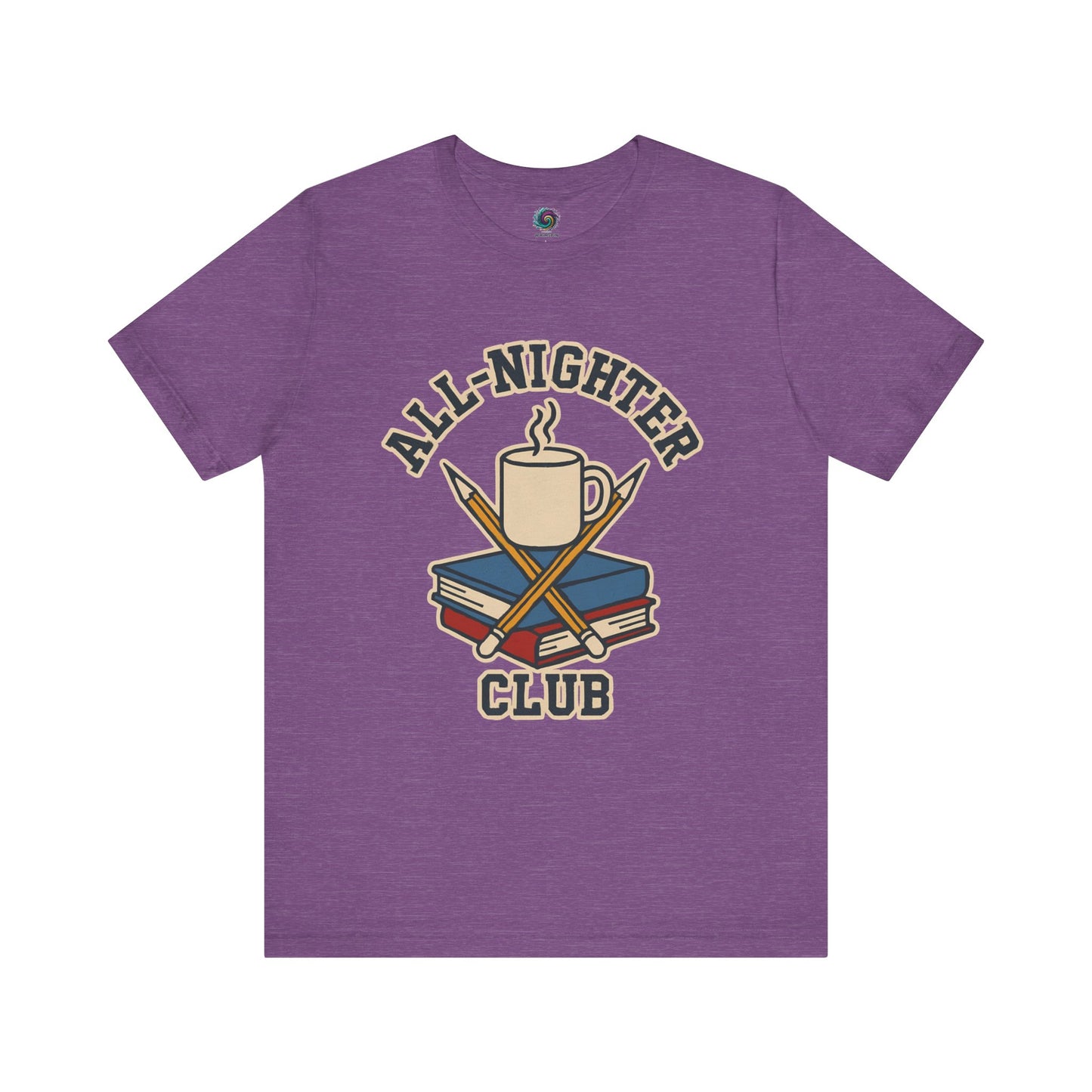 Purple t-shirt with 'All-Nighter Club' graphic design on a white   background All-Nighter Club T-Shirt – Funny Caffeine & Study Tee for Night Owls