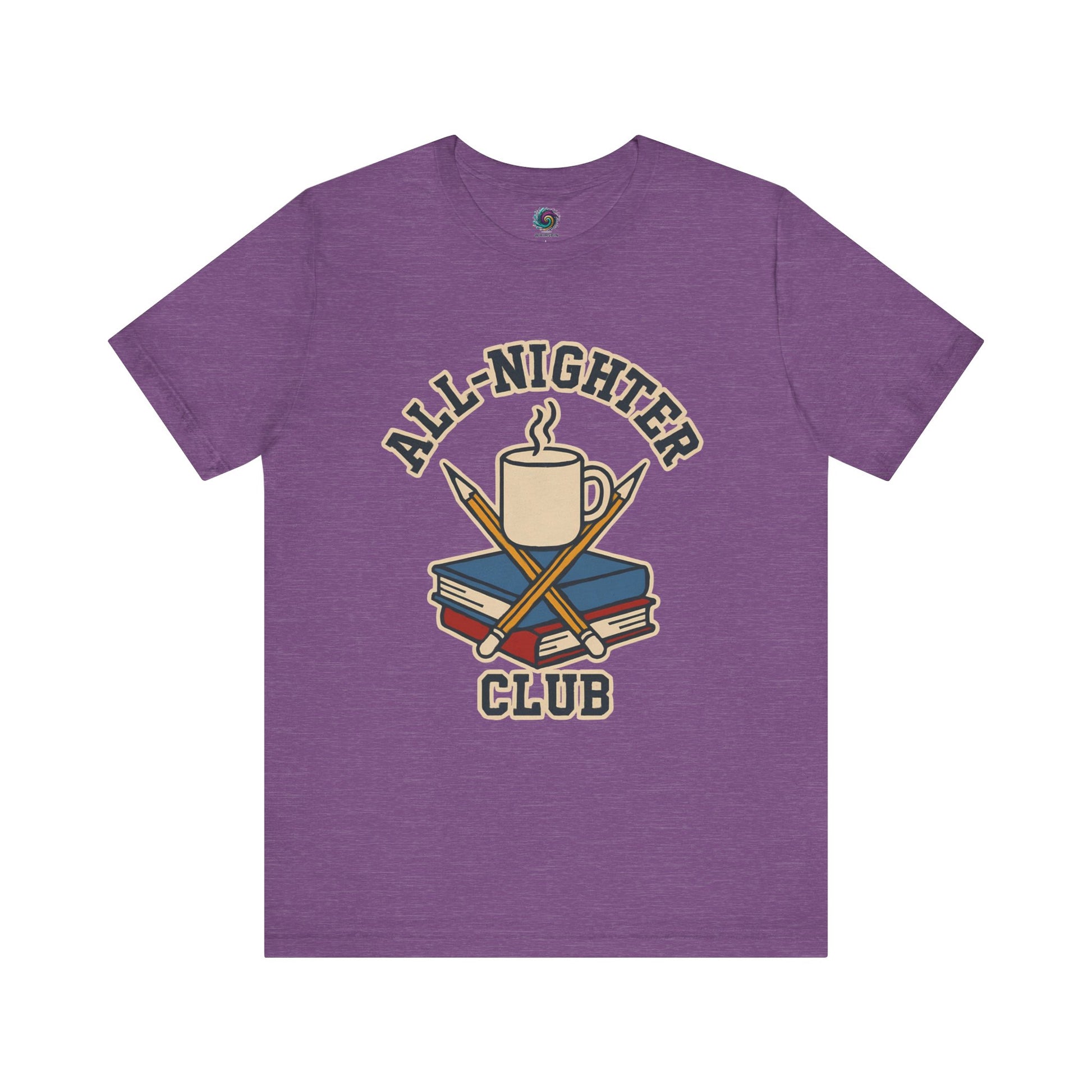 Purple t-shirt with 'All-Nighter Club' graphic design on a white   background All-Nighter Club T-Shirt – Funny Caffeine & Study Tee for Night Owls