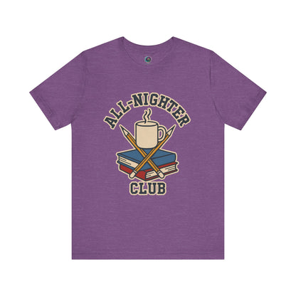 Purple t-shirt with 'All-Nighter Club' graphic design on a white   background All-Nighter Club T-Shirt – Funny Caffeine & Study Tee for Night Owls