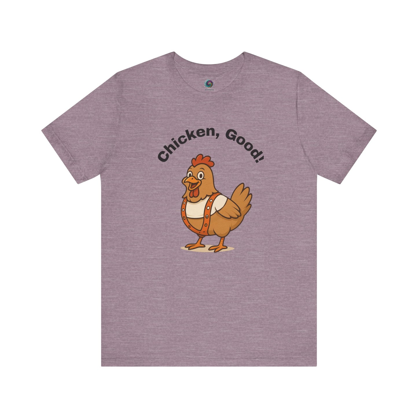 Chicken Good T-Shirt – Sci-Fi Divine Being Parody Chicken Tee in heather purple laid flat, blending multi-pass sci-fi parody with chicken charm