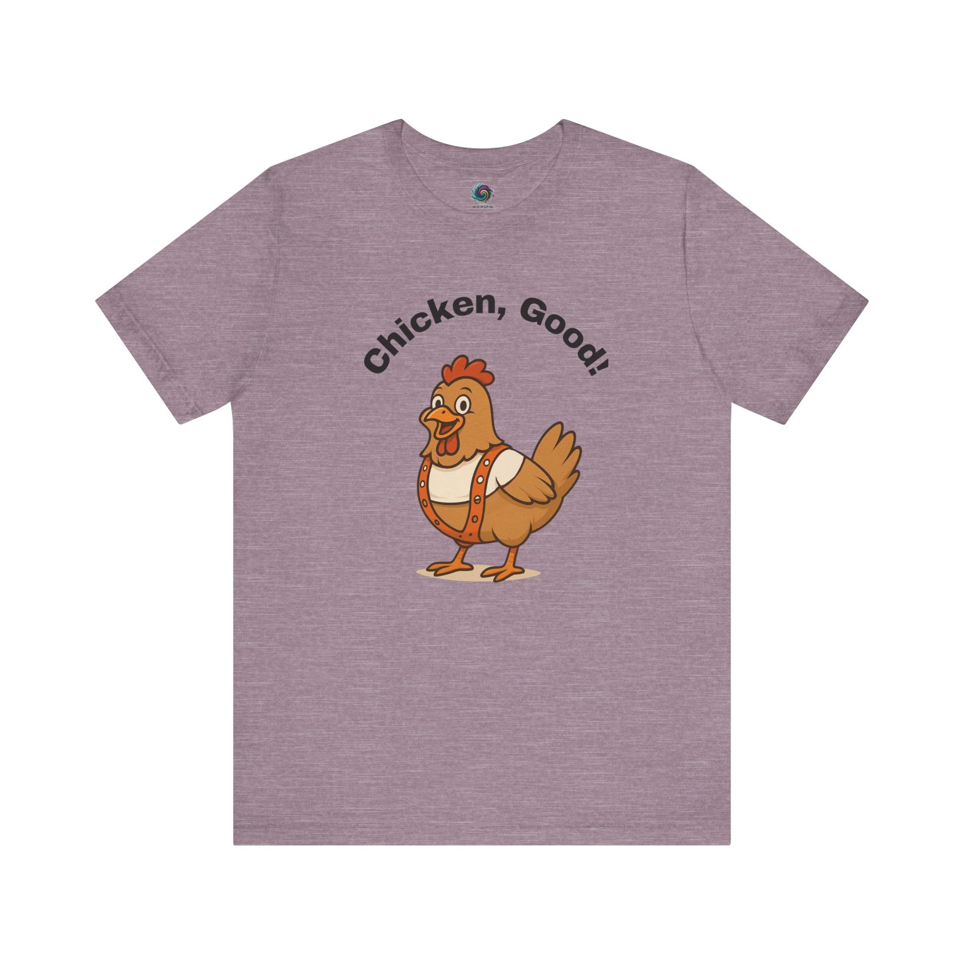 Chicken Good T-Shirt – Sci-Fi Divine Being Parody Chicken Tee in heather purple laid flat, blending multi-pass sci-fi parody with chicken charm
