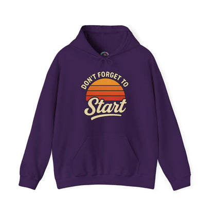 Don’t Forget to Start Hoodie – Retro Sunrise Motivational Sweatshirt in Purple, combining a rich color with the cheerful motivational graphic.