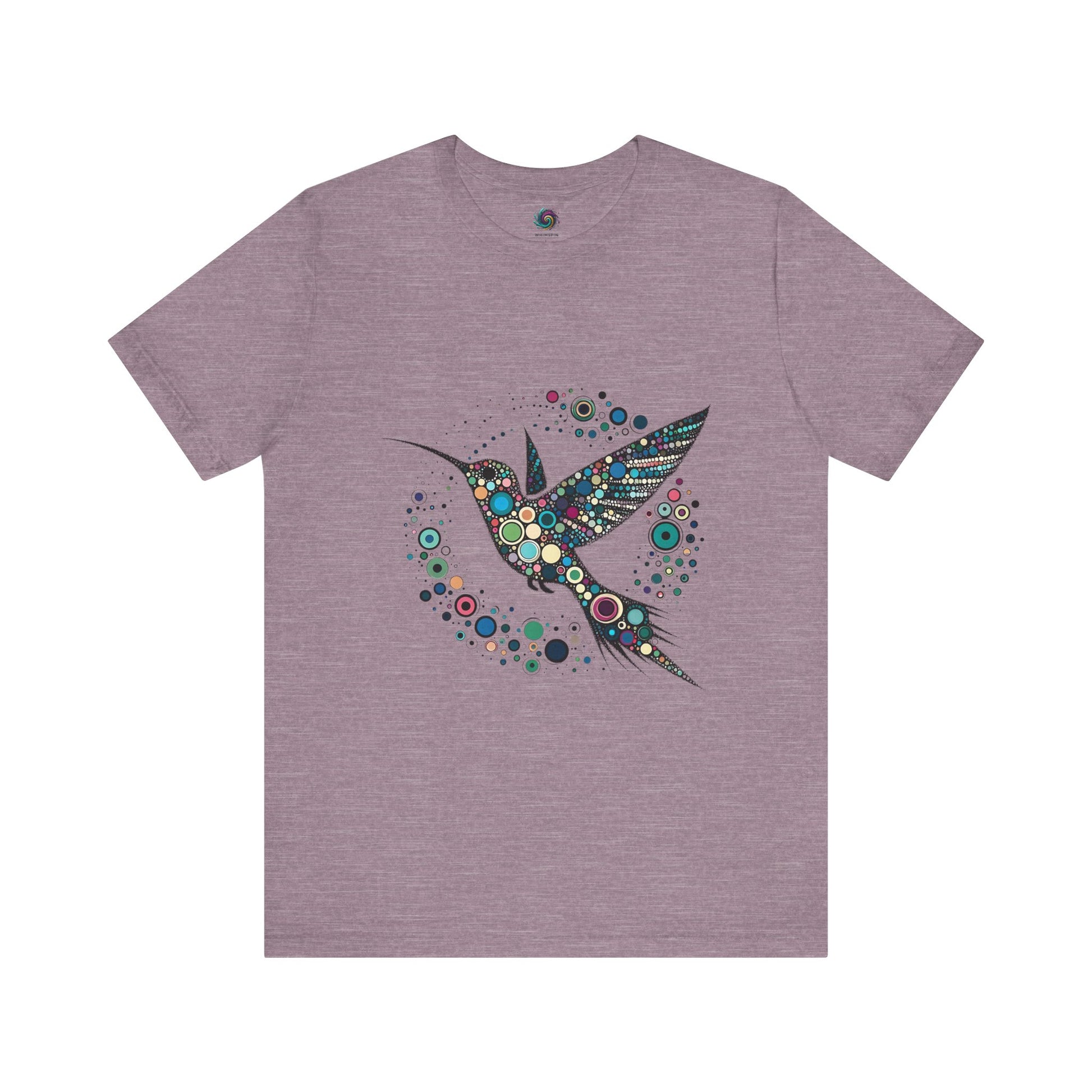Hummingbird Dot Art T-Shirt – Colorful Nature-Inspired Graphic Tee in bold heather purple for those who love both color and nature-inspired dot art.