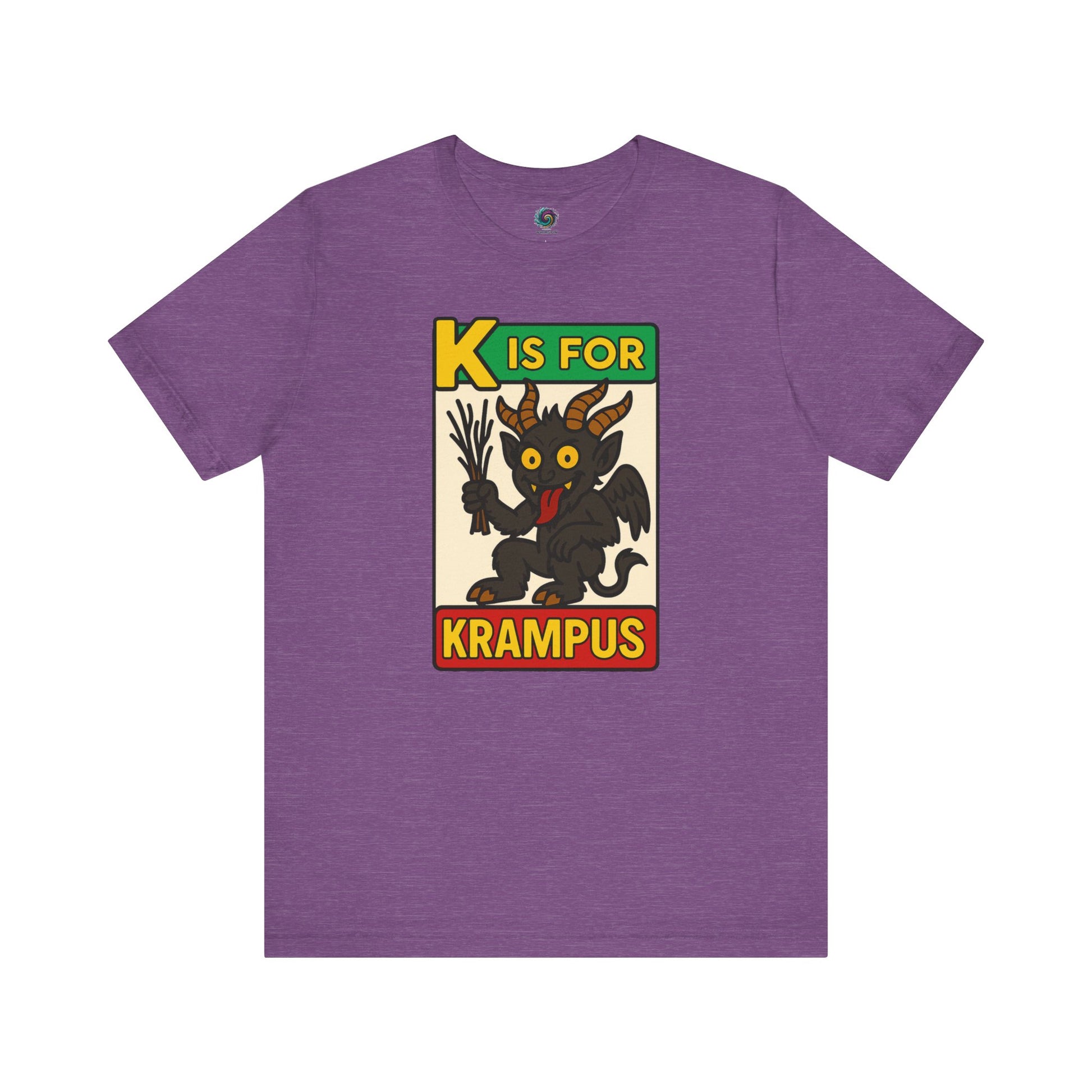 K is for Krampus Alphabet Holiday Graphic T-Shirt in Heather Team Purple flat lay with festive Krampus drawing