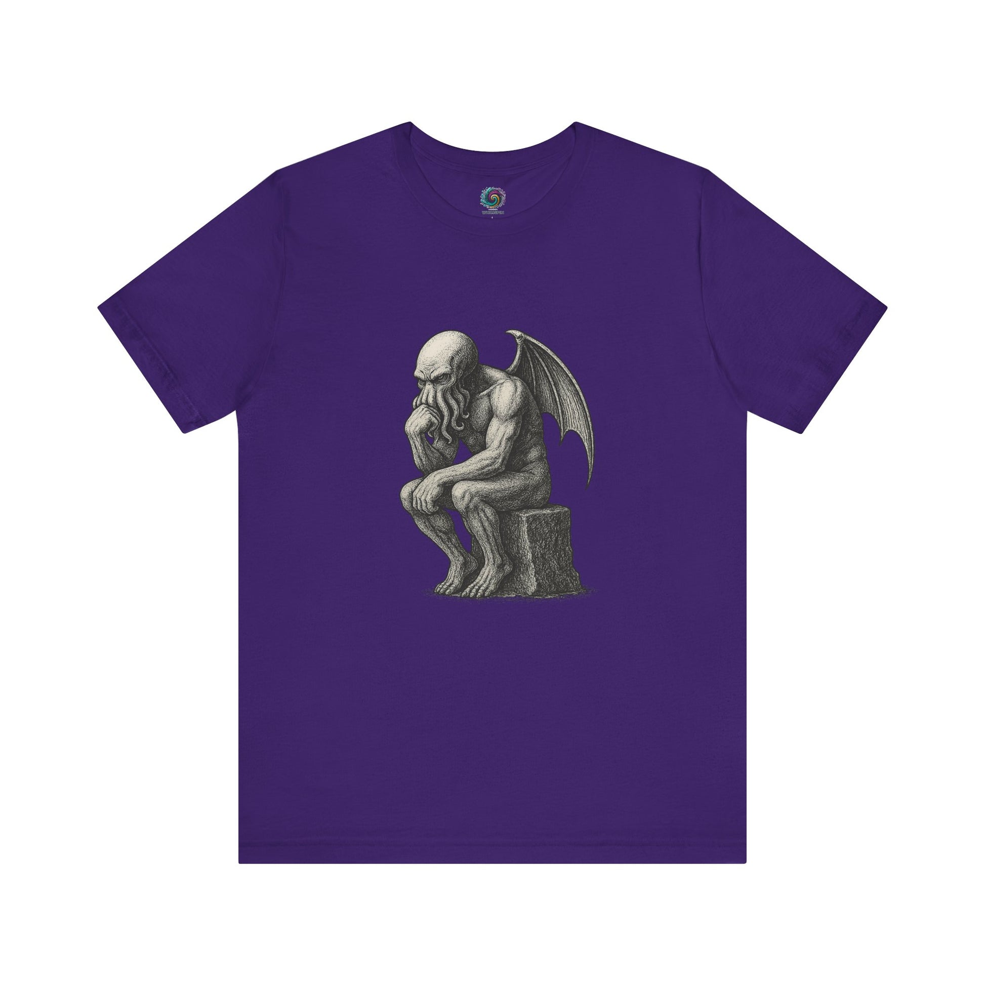 The Thinker Cthulhu Shirt – Lovecraftian Funny T-Shirt Unisex Graphic Tee in team purple featuring a clever funny Cthulhu shirt design in statue pose.
