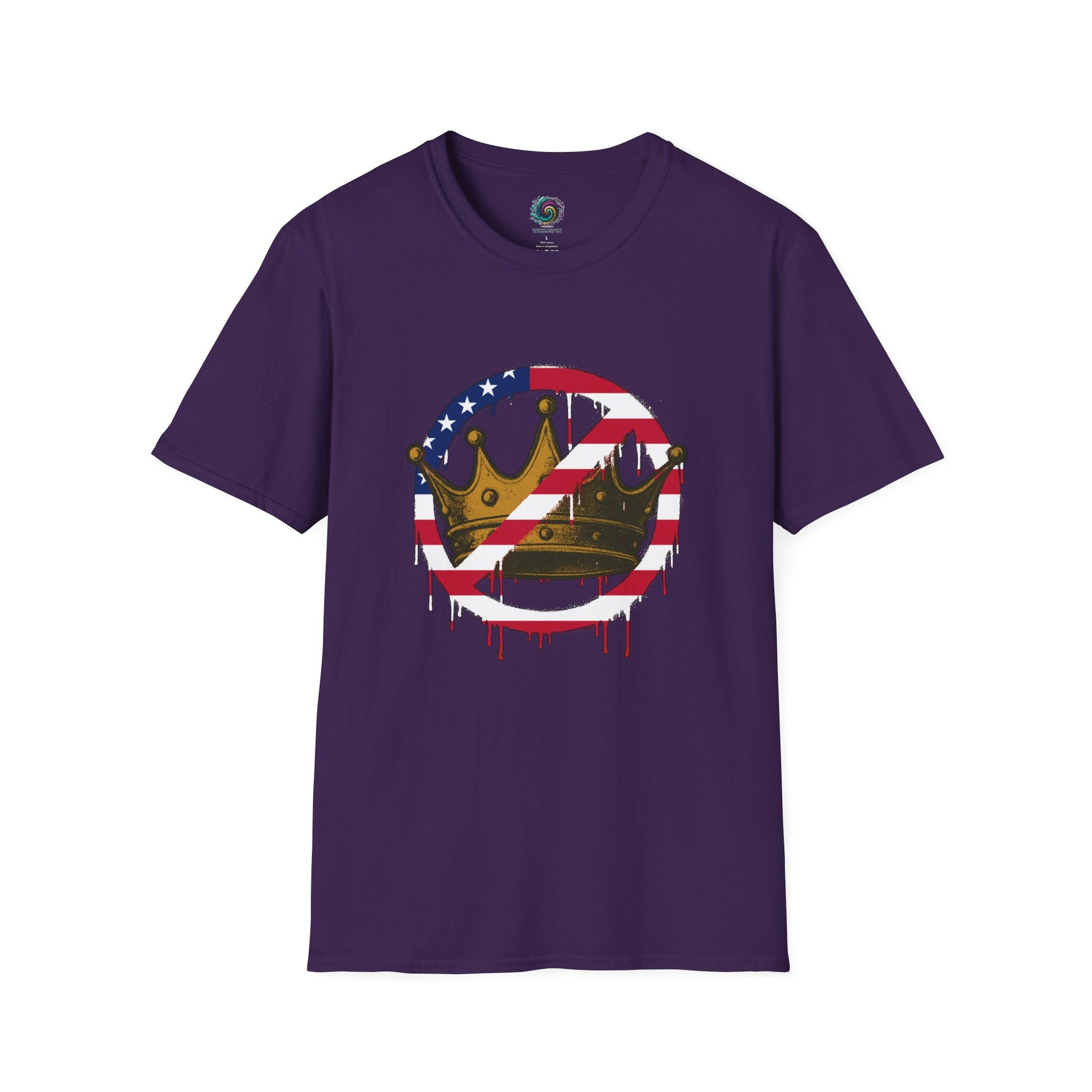 Purple No Kings Protest T-Shirt from WhimSpin with a graphic design featuring a crown with the "no" slashed circle symbol drawn in an American flag pattern on a white background