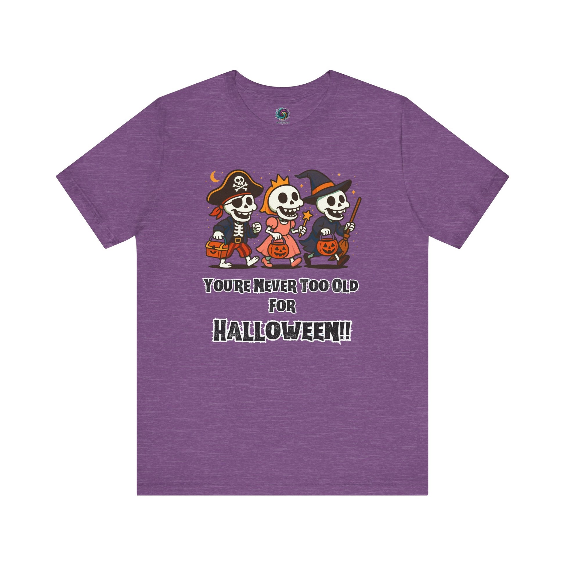 Never Too Old for Halloween T-Shirt – Funny Adult Halloween Shirt in heather team purple, presented flat with its festive adult-themed skeleton design.