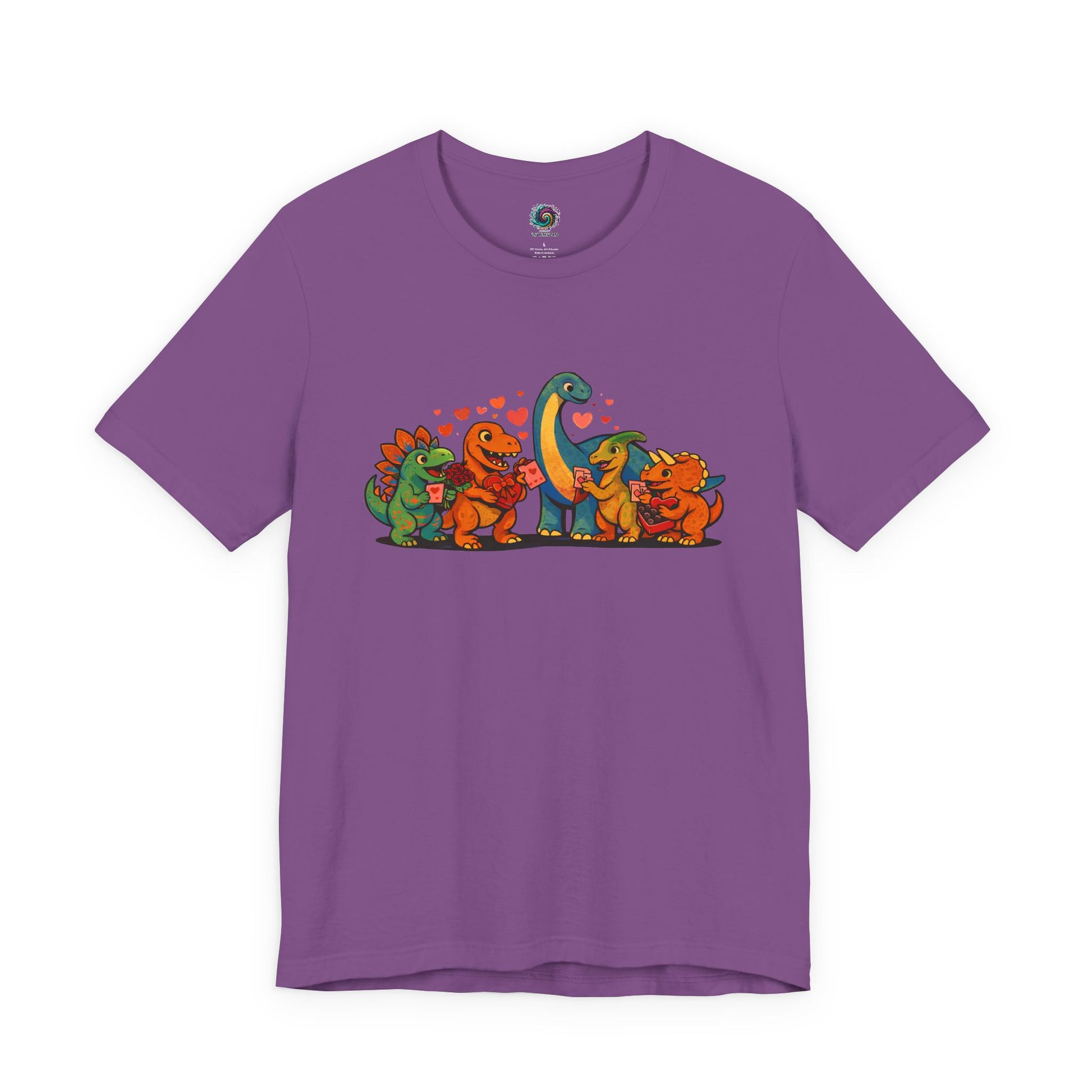 Dinosaur Valentines T-Shirt – Cute Dino Valentine’s Day Tee in Heather Team Purple highlighting a whimsical dinosaur valentine scene with cheerful heart details