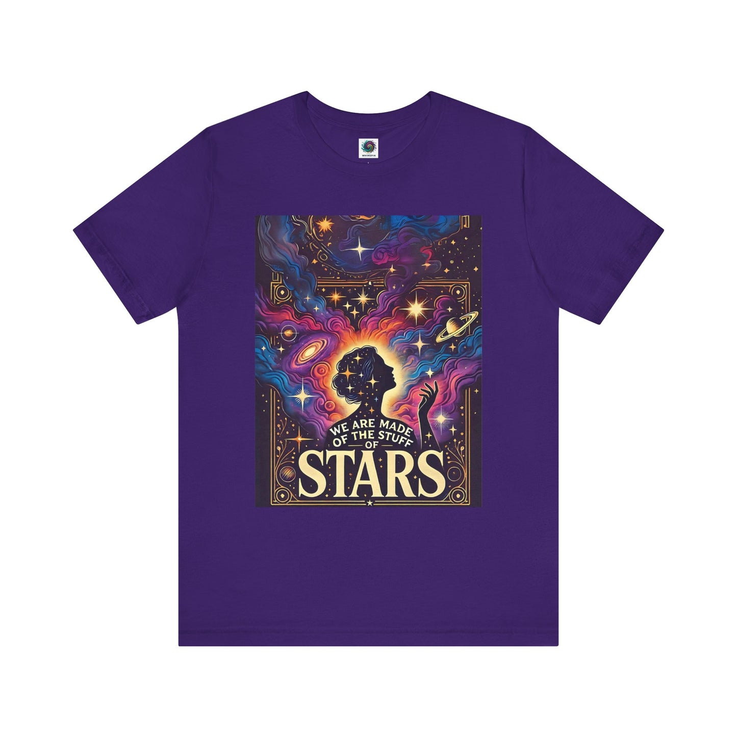Team purple cosmic t-shirt featuring colorful universe artwork and silhouette of a space goddess under the stars
