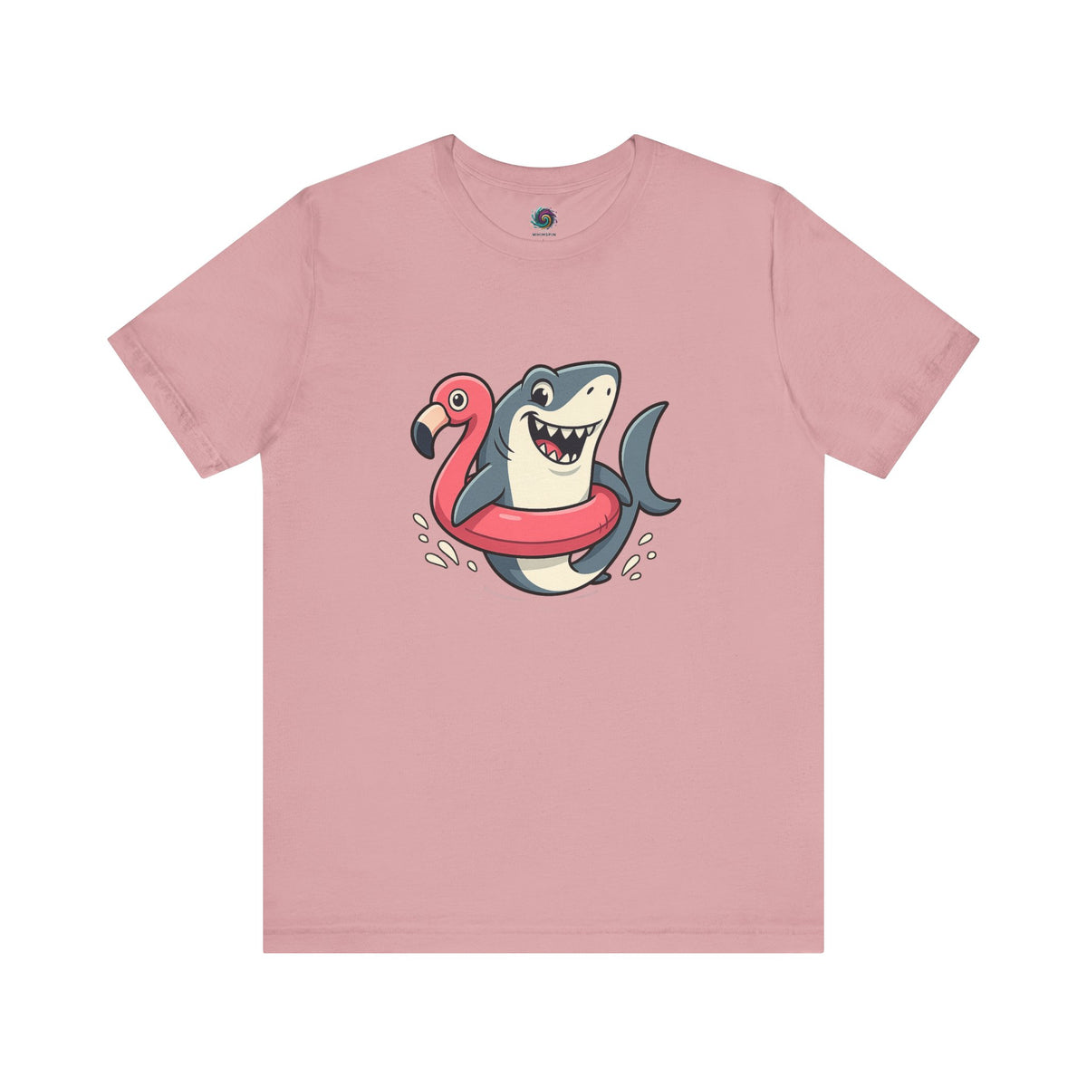Shark Flamingo Floatie T-Shirt – Funny Beach & Pool Day Tee in orchid featuring grinning shark in pink flamingo pool ring
