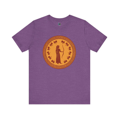 Heather team purple flat lay of Penelope t shirt with Greek vase-style art celebrating Penelope, Queen of Ithaca.
