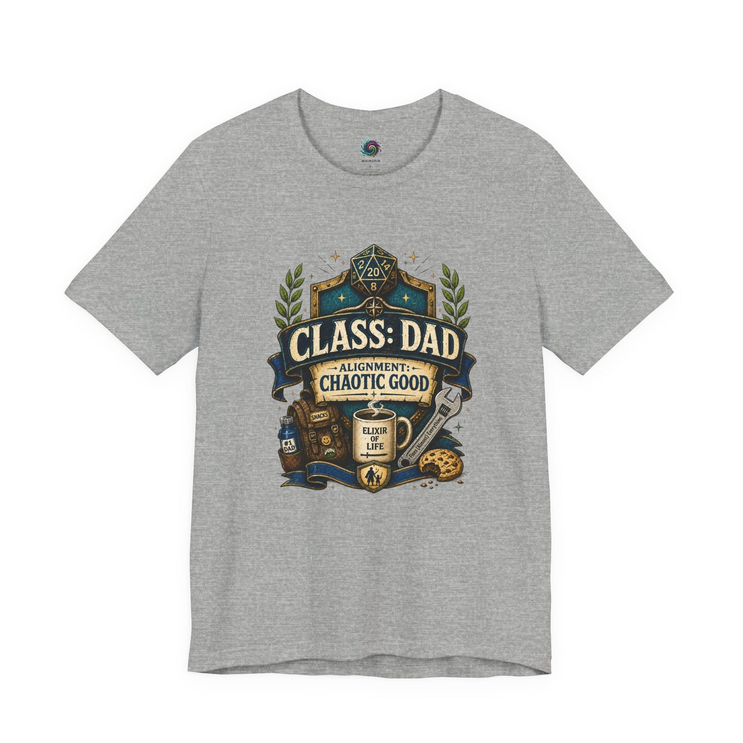 Athletic Heather Chaotic Good Dad T-Shirt with fantasy roleplaying inspired “Class: Dad” design and gamer dad accessories