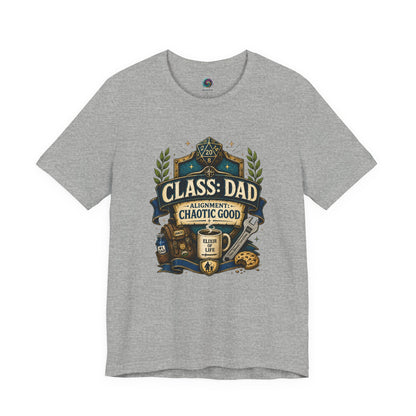 Athletic Heather Chaotic Good Dad T-Shirt with fantasy roleplaying inspired “Class: Dad” design and gamer dad accessories
