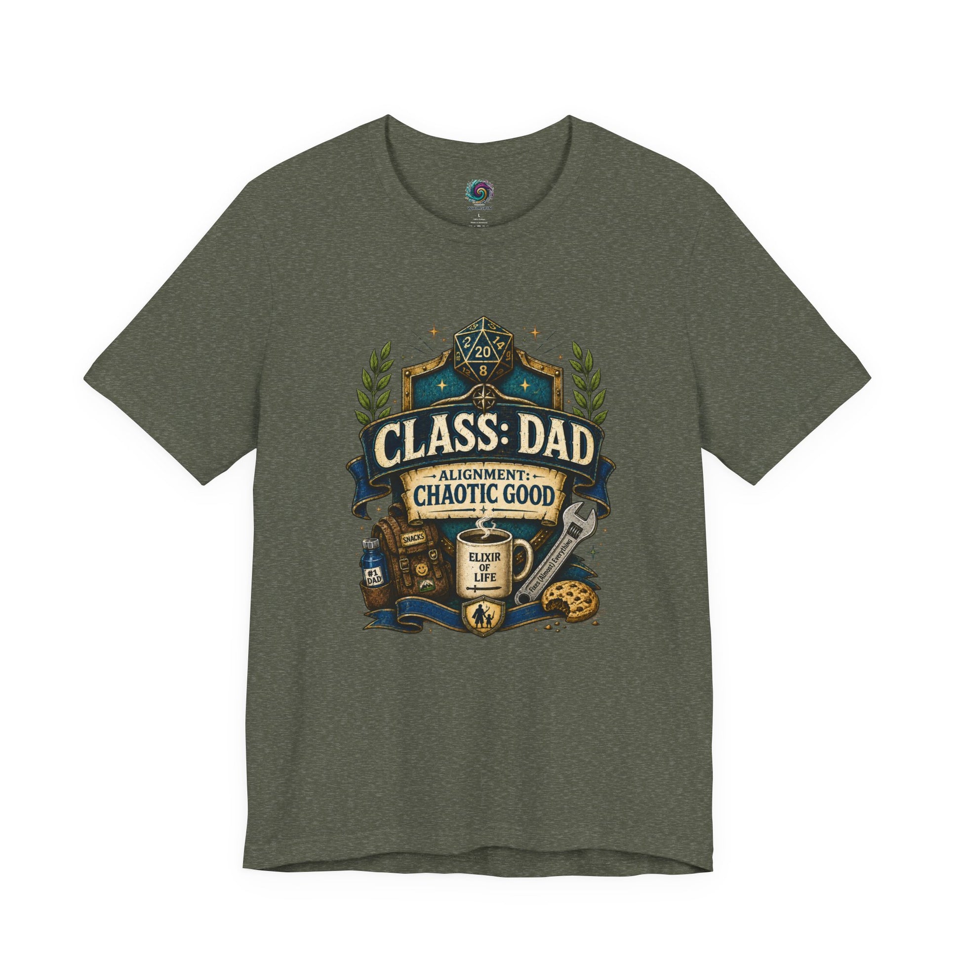 Heather Military Green Chaotic Good Dad T-Shirt featuring gamer dad class emblem with wrench, snacks, and D20 dice