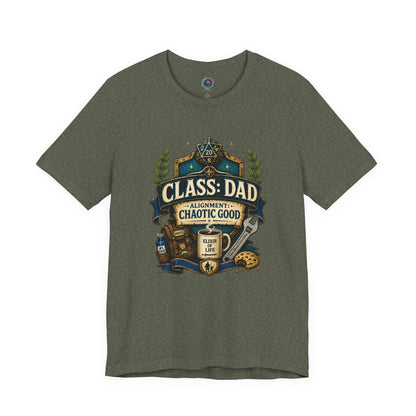 Heather Military Green Chaotic Good Dad T-Shirt featuring gamer dad class emblem with wrench, snacks, and D20 dice