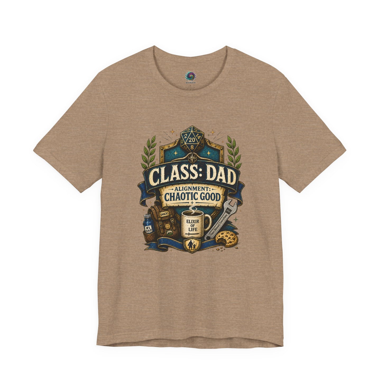 Heather Tan Chaotic Good Dad T-Shirt featuring “Class: Dad” fantasy gaming crest with coffee, dice, and chaotic good alignment