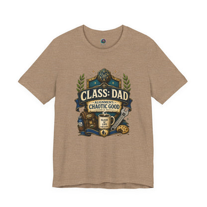 Heather Tan Chaotic Good Dad T-Shirt featuring “Class: Dad” fantasy gaming crest with coffee, dice, and chaotic good alignment