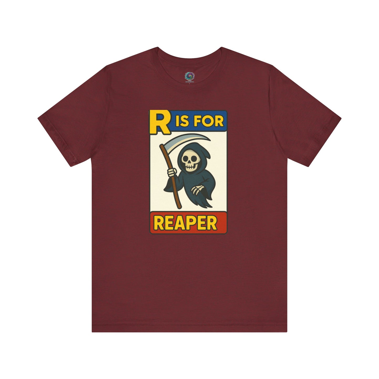 R Is For Reaper T-Shirt – Cute Grim Reaper Shirt from the Monster Alphabet Series in heather cardinal red with retro horror vibes