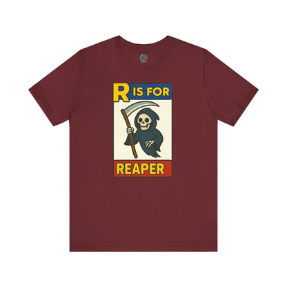 R Is For Reaper T-Shirt – Cute Grim Reaper Shirt from the Monster Alphabet Series in heather cardinal red with retro horror vibes
