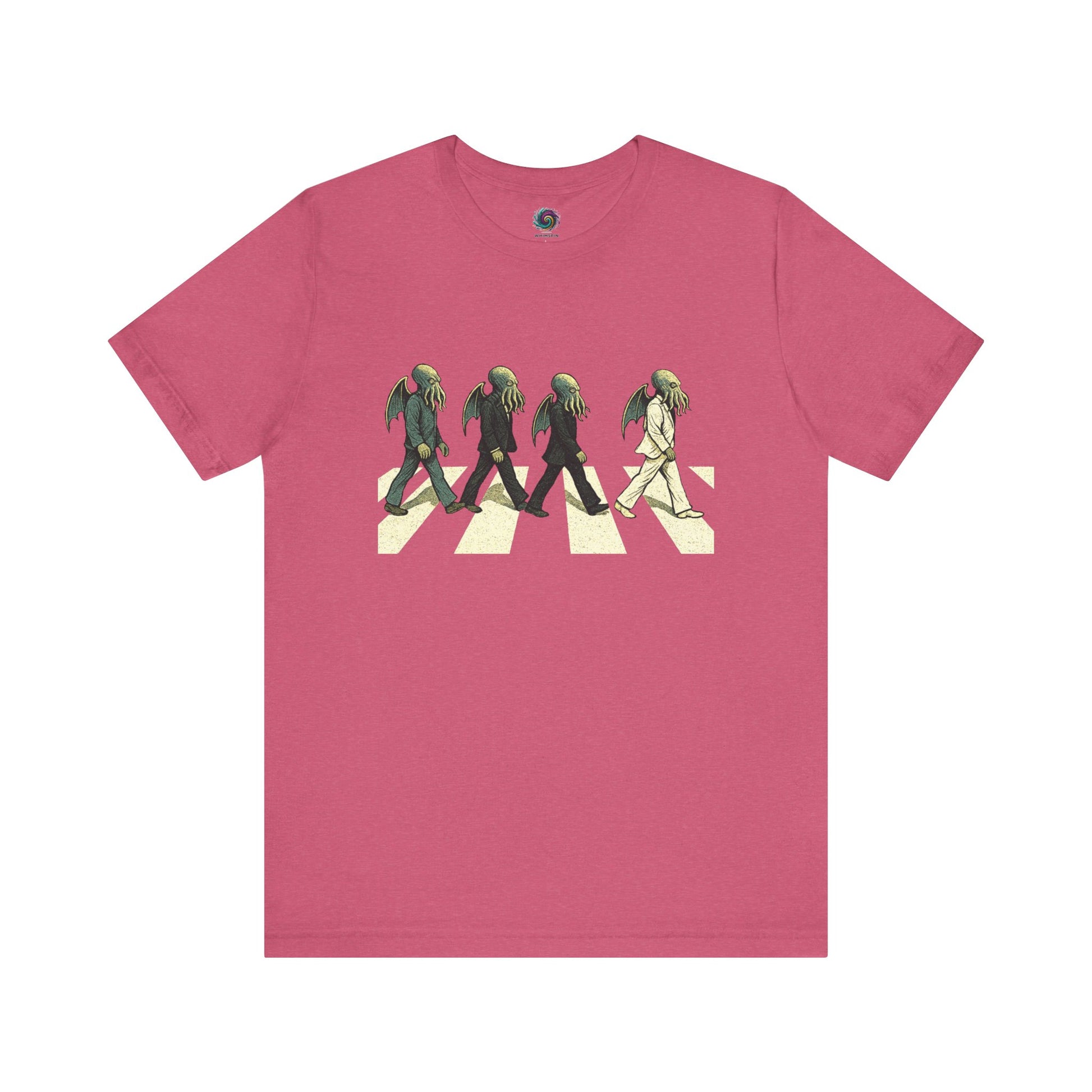 Cthulhu Crossing T-Shirt – Beatles Abbey Road Parody Tee in heather raspberry, flat lay Abbey Road parody t shirt with singer Cthulhu lineup