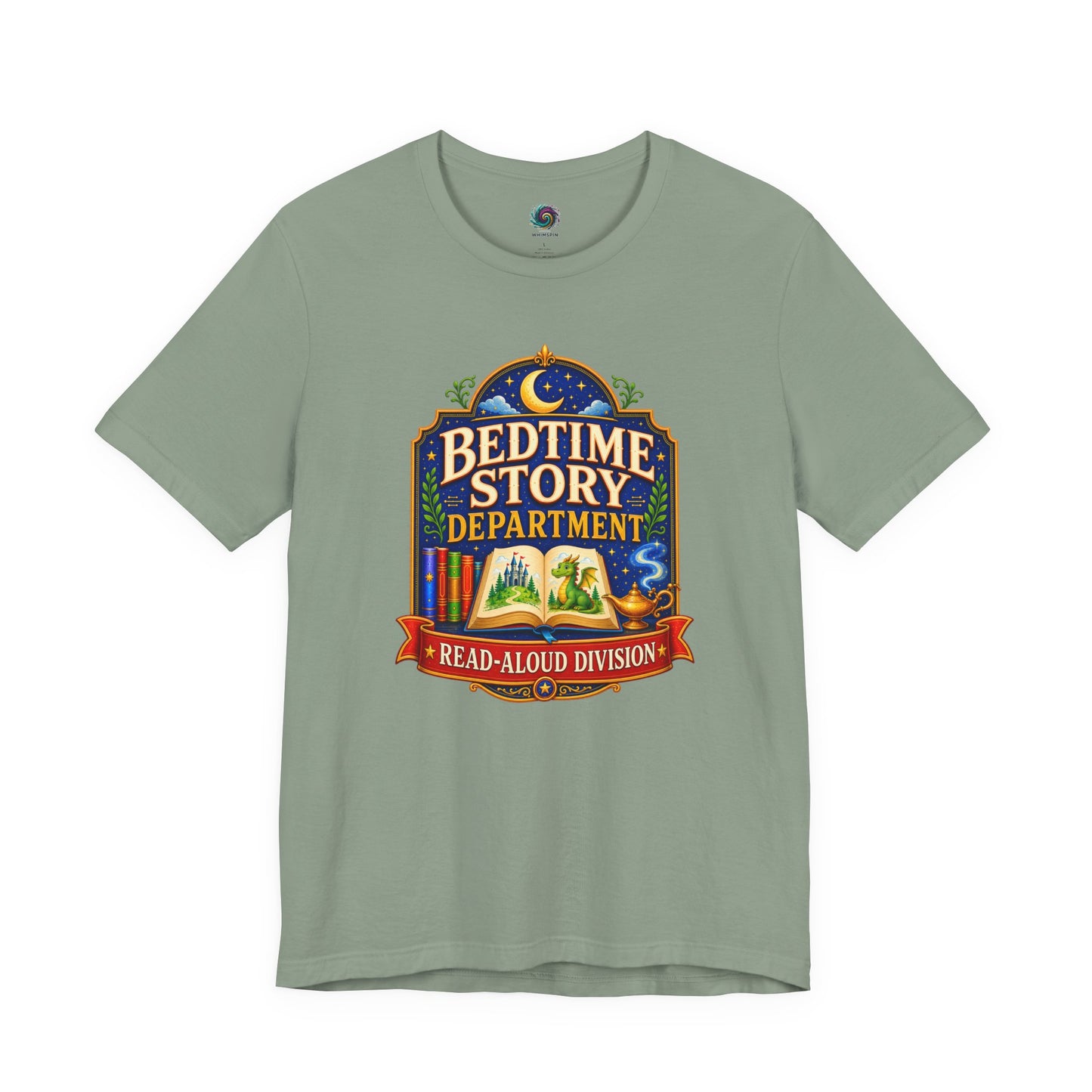 Bedtime Story Department T-Shirt – Read-Aloud Parent Tee on sage with a gentle bedtime story gift design.