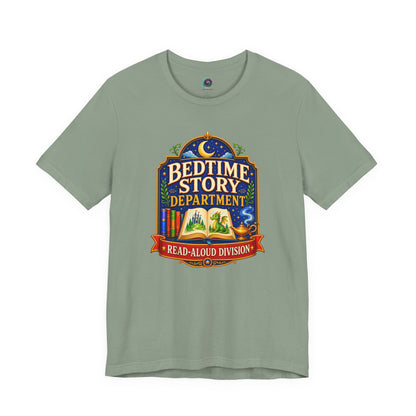 Bedtime Story Department T-Shirt – Read-Aloud Parent Tee on sage with a gentle bedtime story gift design.