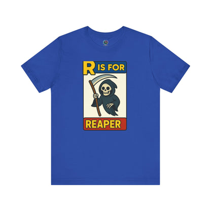 R Is For Reaper T-Shirt – Cute Grim Reaper Shirt from the Monster Alphabet Series in true royal blue with a bold comic book look