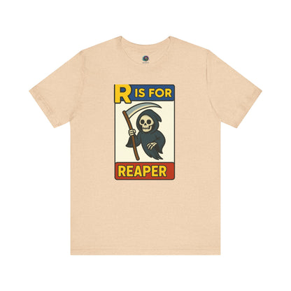 R Is For Reaper T-Shirt – Cute Grim Reaper Shirt from the Monster Alphabet Series in heather sand dune, subtle and seasonal for fall