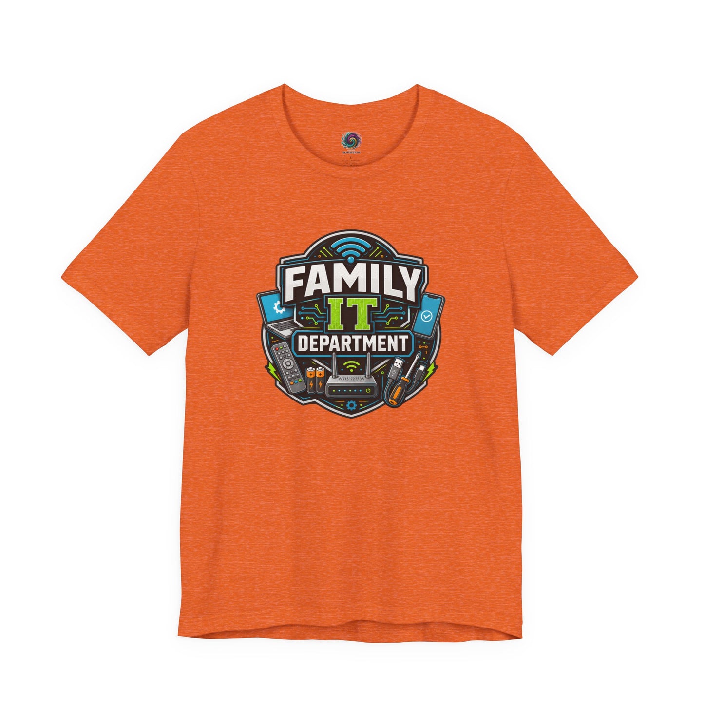 Family IT Department T-Shirt – Funny Household Tech Support Tee on heather orange for the household tech support problem solver.