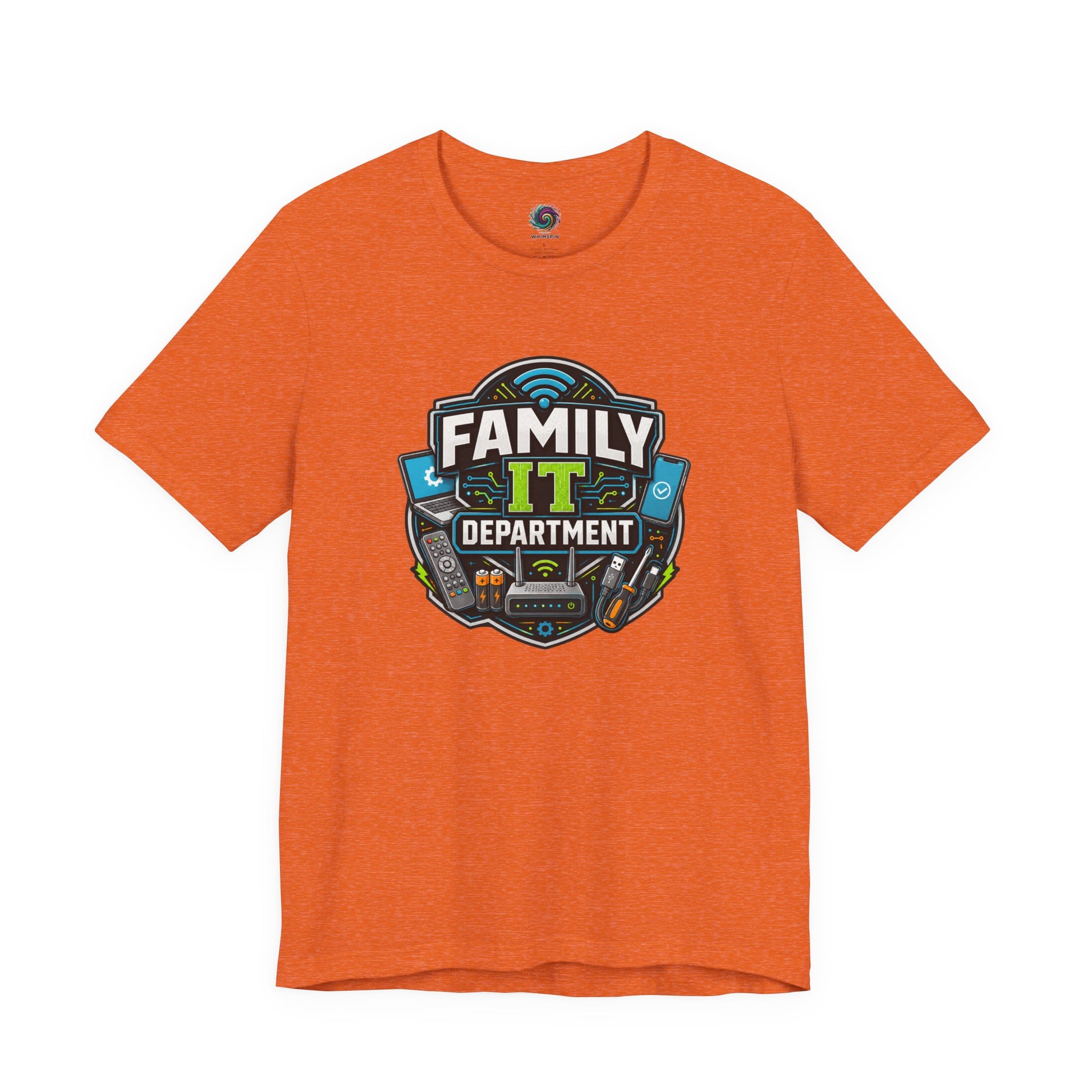 Family IT Department T-Shirt – Funny Household Tech Support Tee on heather orange for the household tech support problem solver.