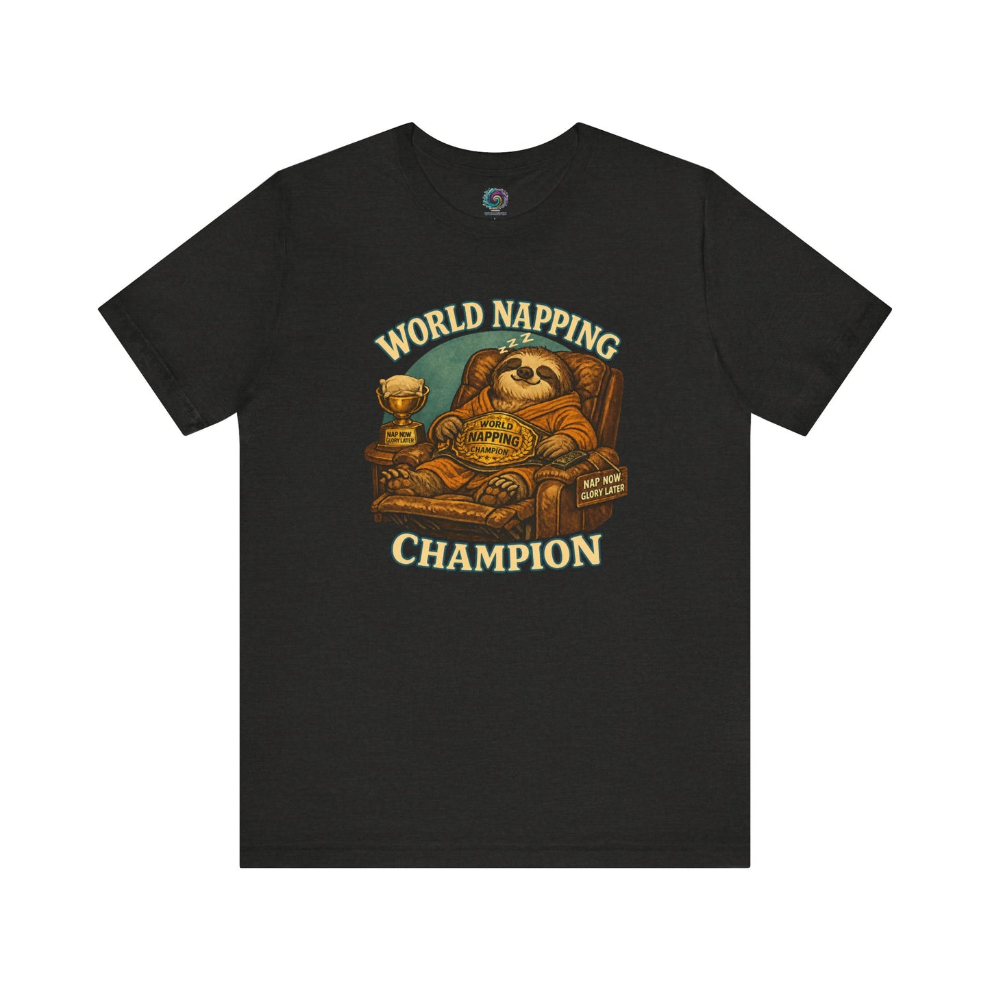 Black Heather World Napping Champion T-Shirt with cozy sloth illustration, nap trophy, and retro lettering