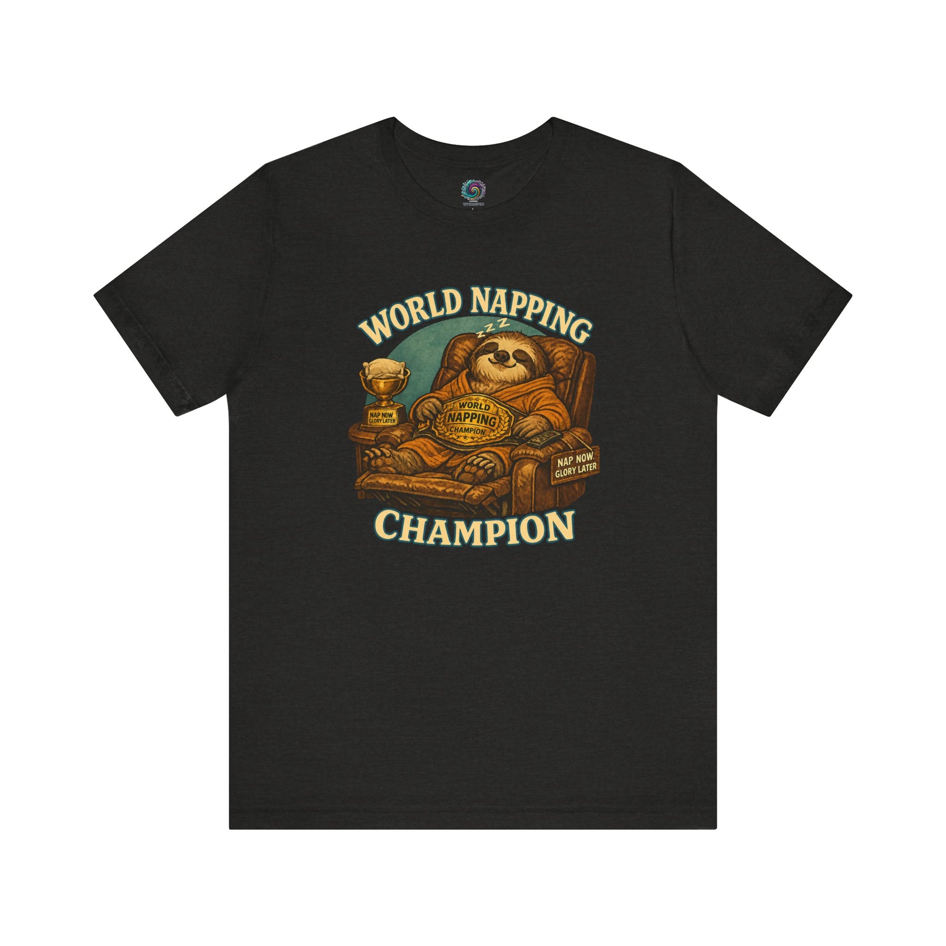 Black Heather World Napping Champion T-Shirt with cozy sloth illustration, nap trophy, and retro lettering